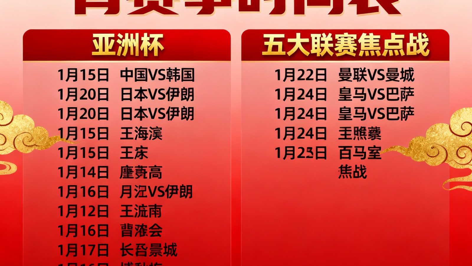 春节期间重点体育赛事时间表，包括亚洲杯和五大联赛焦点战的海报式排版